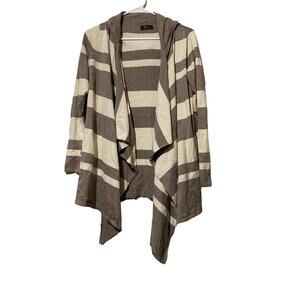Cyrus Women's White Gray Stripe Lightweight Knit Hooded Cardigan Sz S